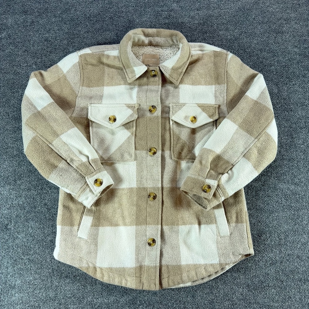 Love Tree Tan Cream Buffalo Plaid Sherpa Lined Shacket Womens Small Gorpcore